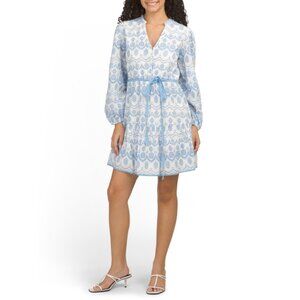 ADRIANNA PAPELL Blue/ivory Long Sleeve Eyelet Mini Dress
